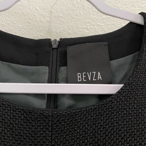 BEVZA Black Feminine Designer Sheath Mini Dress Textured Chic Silk Wool Blend - Picture 6 of 13